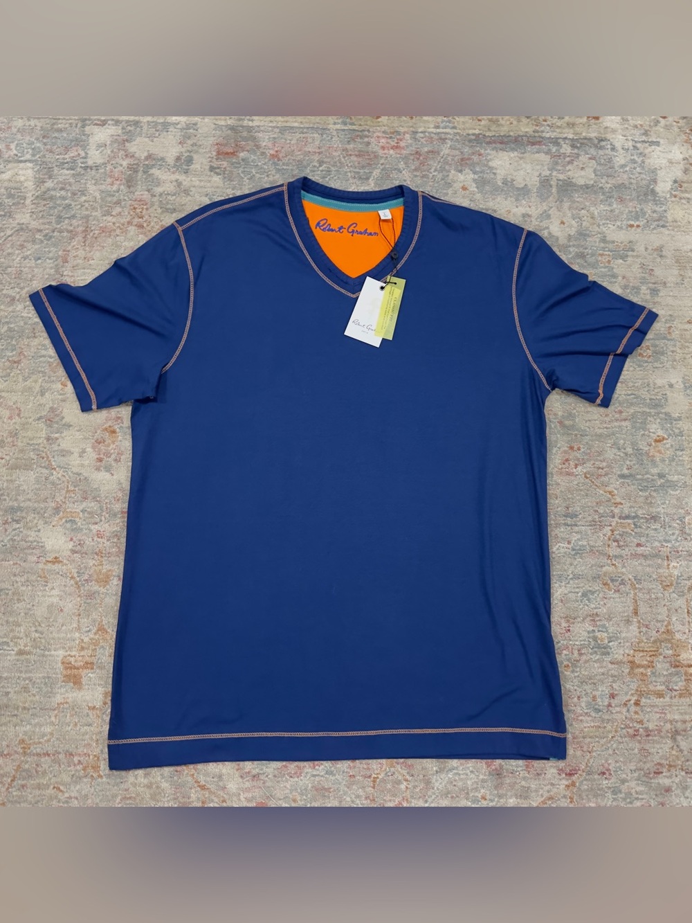 Robert Graham Maxfield Navy V-Neck Tee with Orange Trim Size Large - NWT